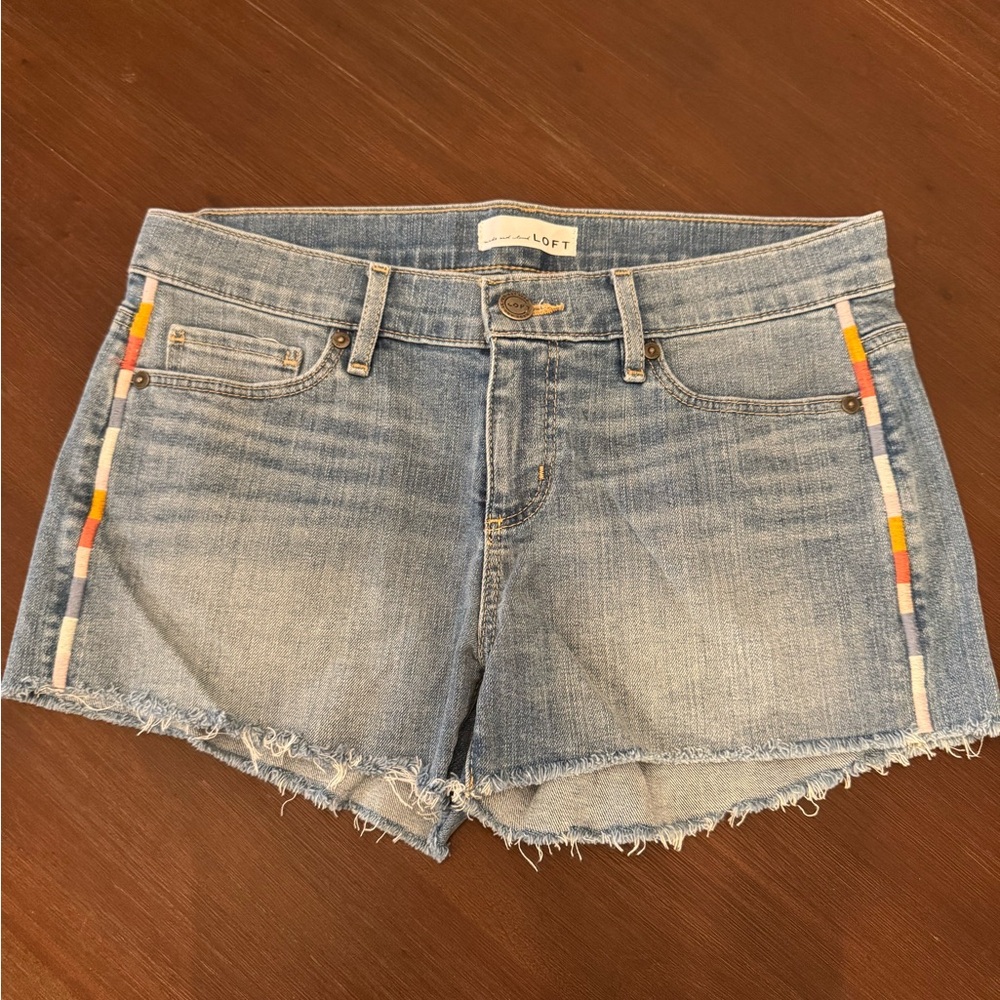 LOFT Light Blue Denim Shorts with Multicolor Accent on Sides